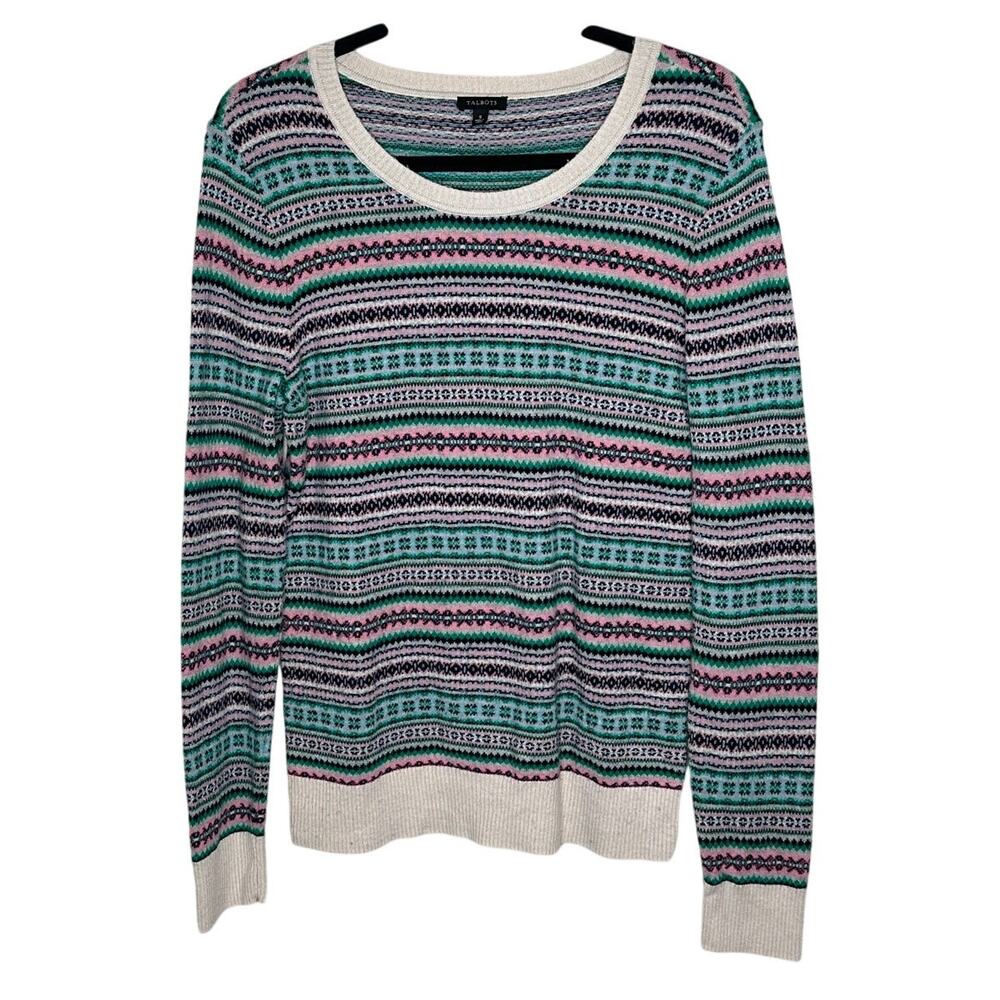 Talbots Wool Blend Fair Isle Crew Neck Sweater Green Pink Cream Winter S